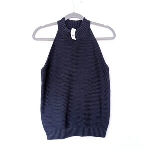 NWT LOFT Navy Knit Halter Textured Basketweave Mock Neck Sweater Tank Top L NEW